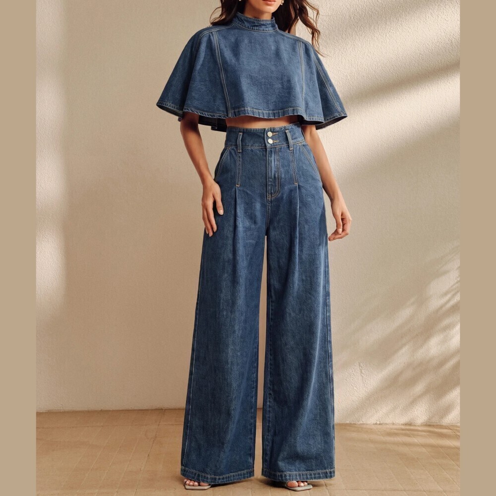 Blue Denim Cape Sleeve Crop Top and Wide Leg Pants Two Piece Set
